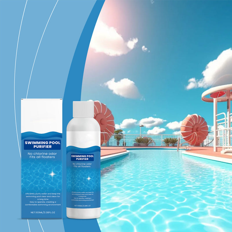 Swimming pool purifier product with packaging against a poolside background