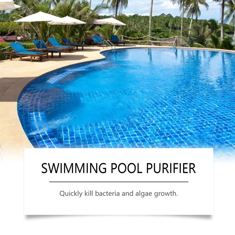 Swimming pool with lounge chairs and umbrellas, featuring a text overlay about a swimming pool purifier.