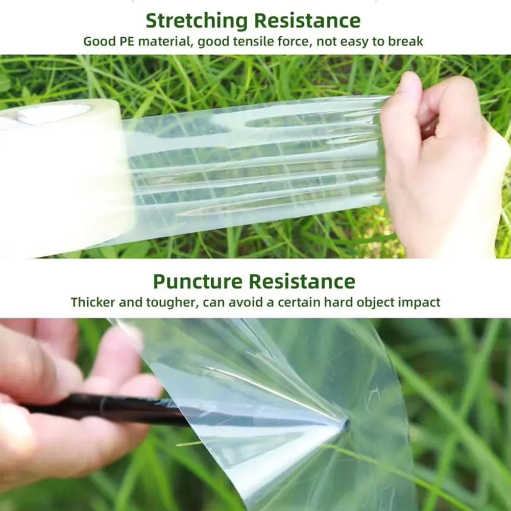 Transparent plastic sheet being stretched and cut with text highlighting stretching and puncture resistance.