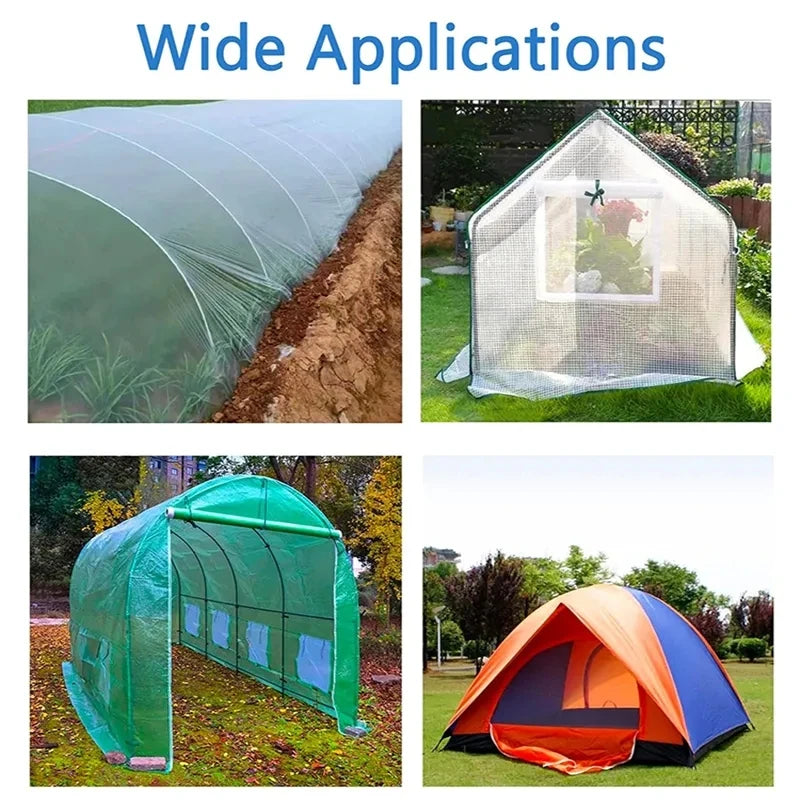 Collage of various greenhouses and tents with text 'Wide Applications'.