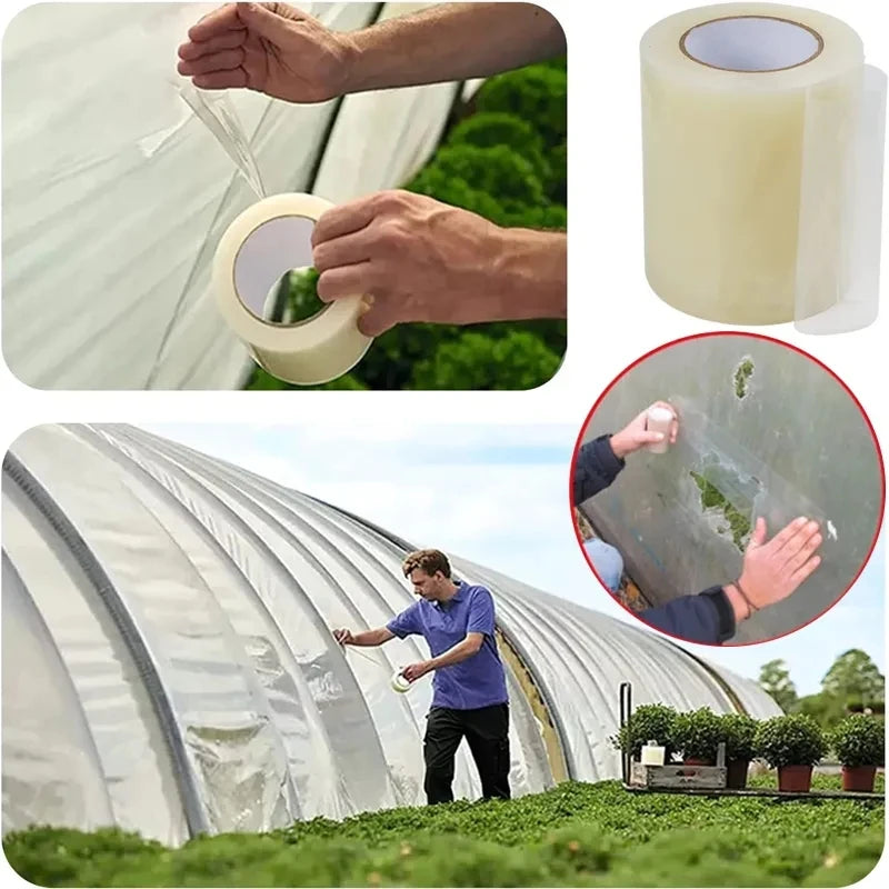 Collage of a person applying tape to a greenhouse, close-up of tape, and a person working in a greenhouse.