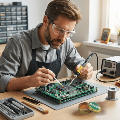 Man working on a circuit board with tools in a workshop setting