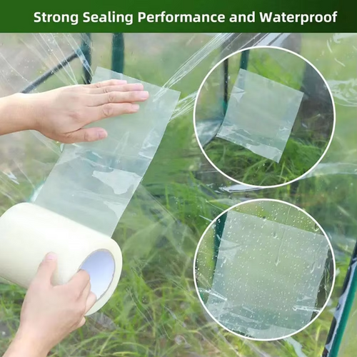 Person applying clear tape to a transparent sheet with text 'Strong Sealing Performance and Waterproof'.