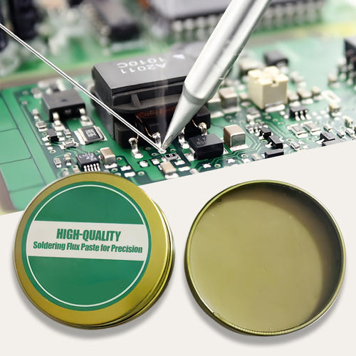 Soldering process on a circuit board with a container of high-quality soldering flux paste.
