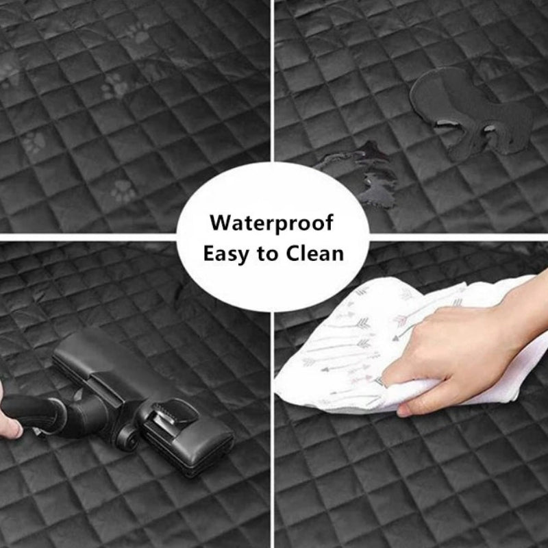 Black car mat with a vacuum cleaner and hand cleaning it, labeled 'Waterproof Easy to Clean'.