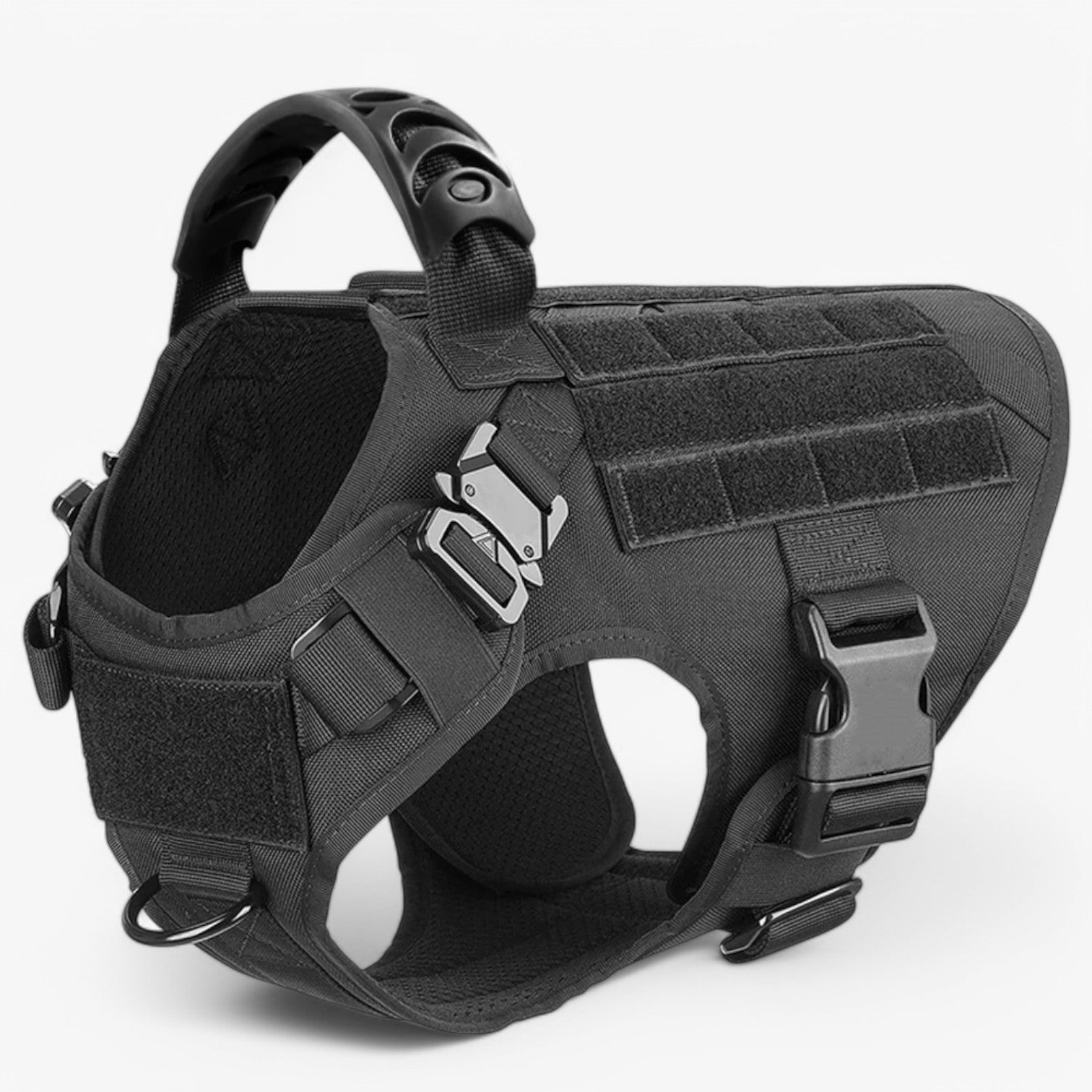 Black tactical dog harness on a white background
