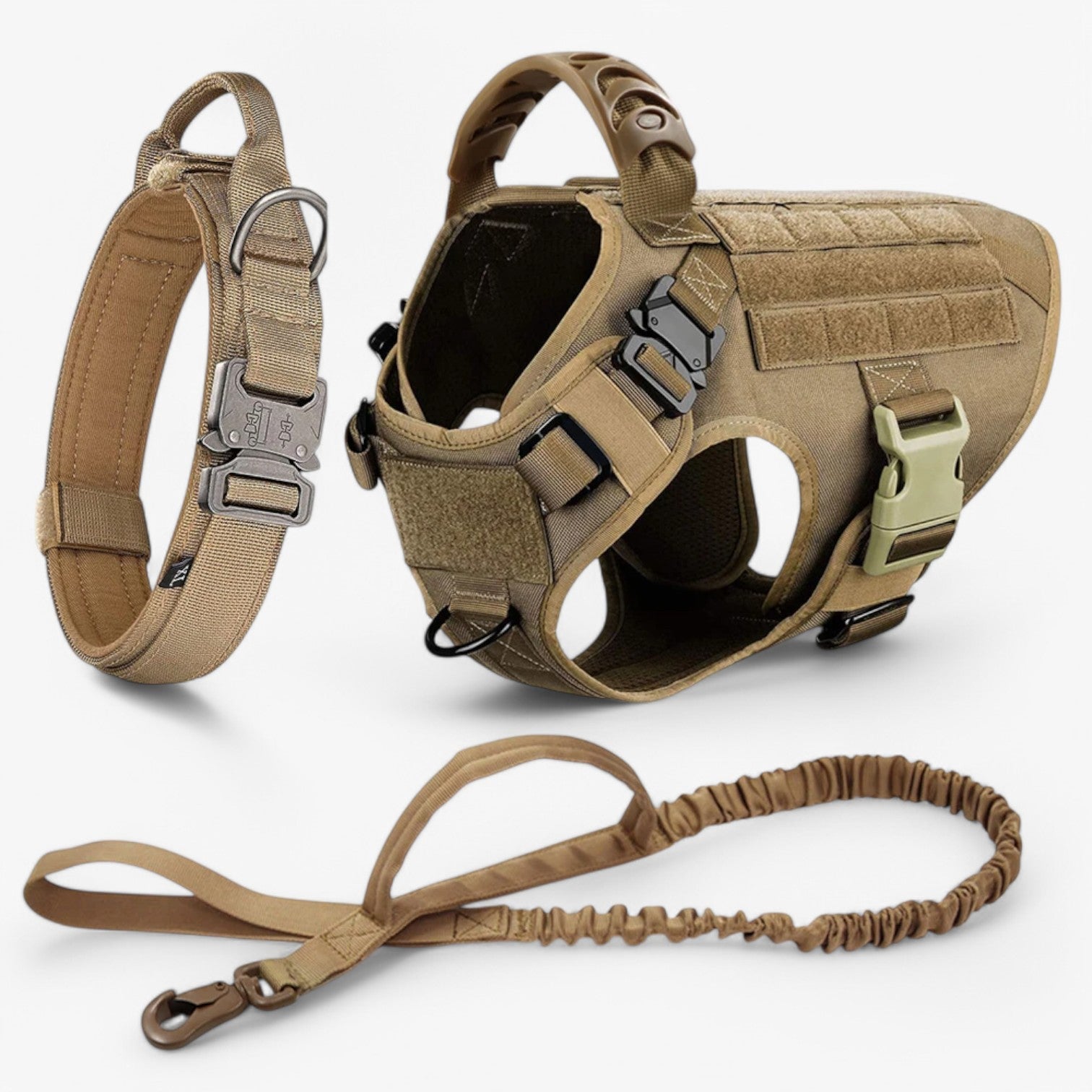 Tan tactical dog harness and leash set on a white background