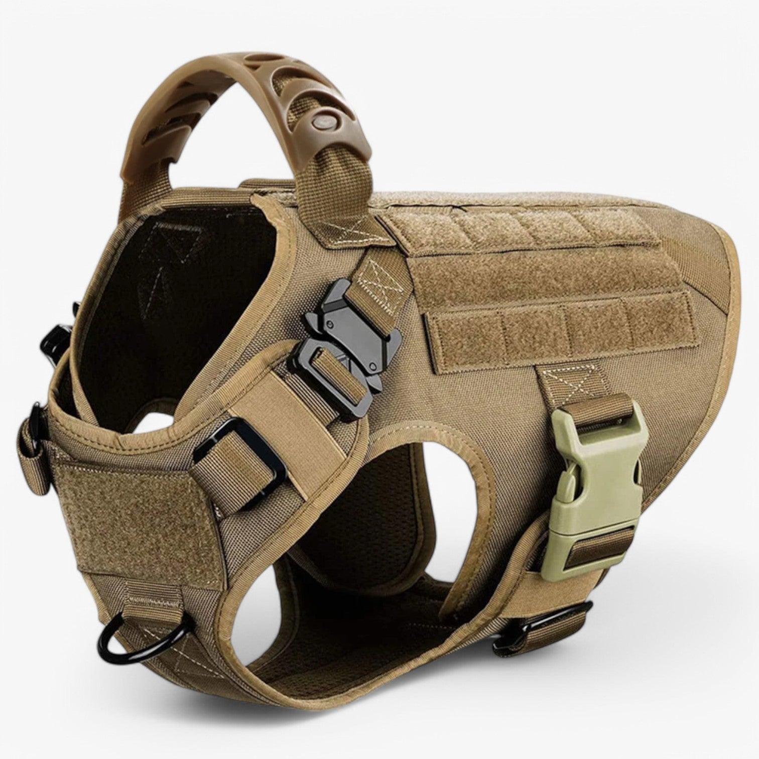 Tan tactical dog harness on a white background