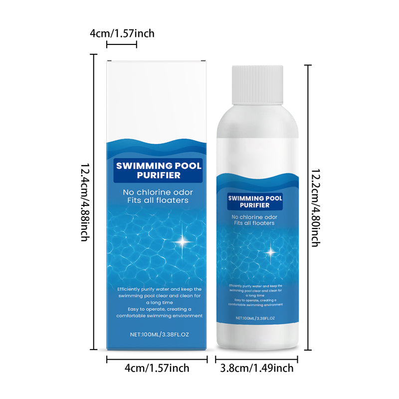 Swimming pool purifier bottle with blue label and white cap, shown with measurements on a white background.