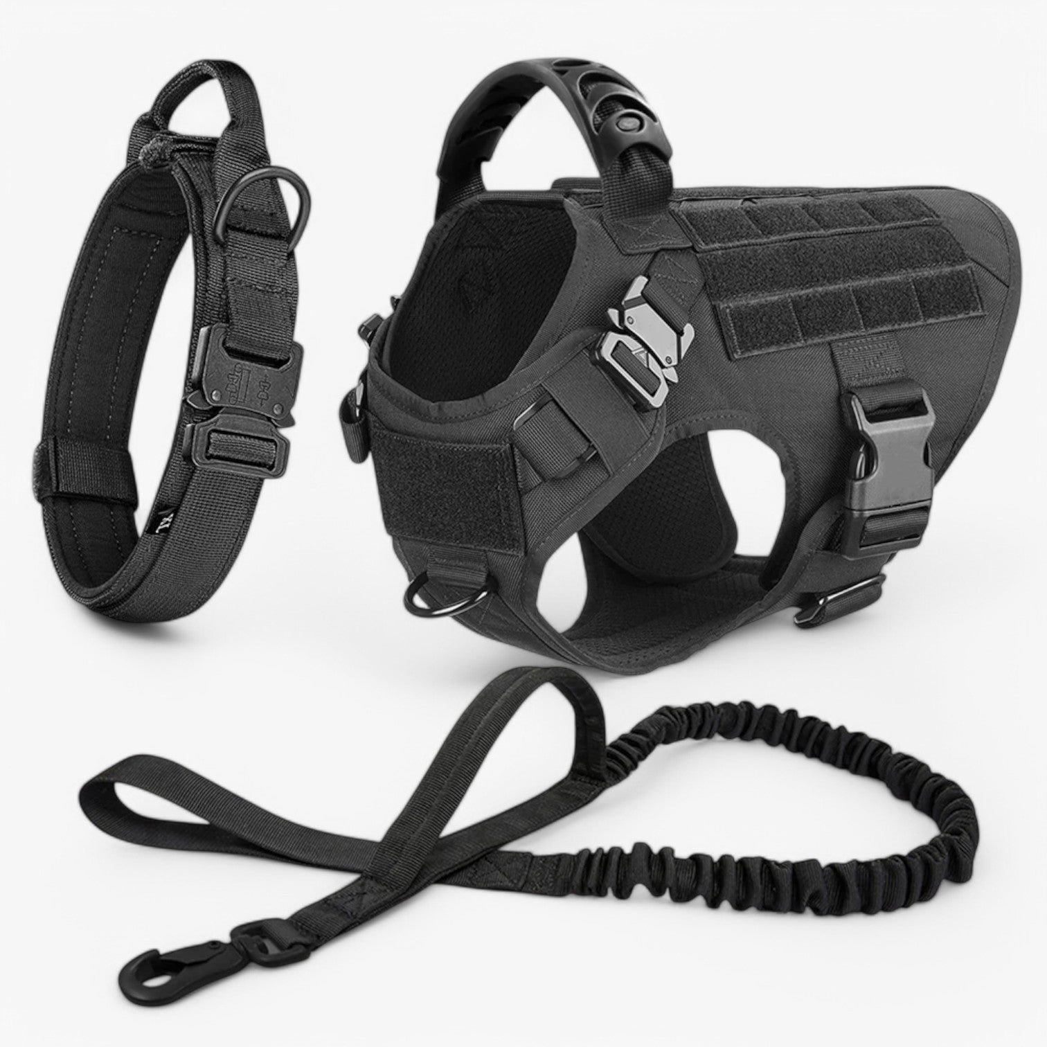 Black tactical dog harness and leash set on a white background