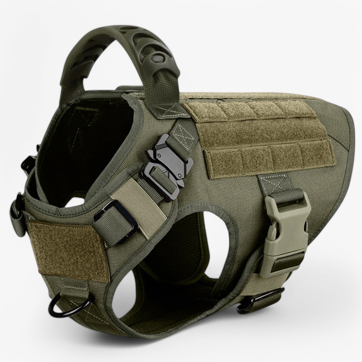 Olive green tactical dog harness on a white background