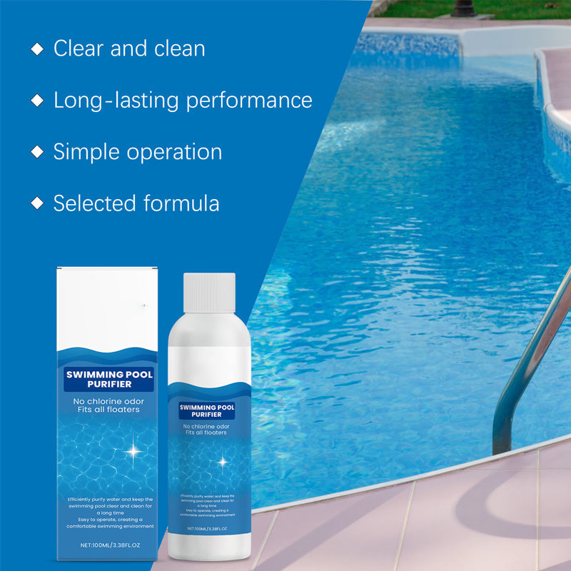 Swimming pool purifier with packaging in front of a pool