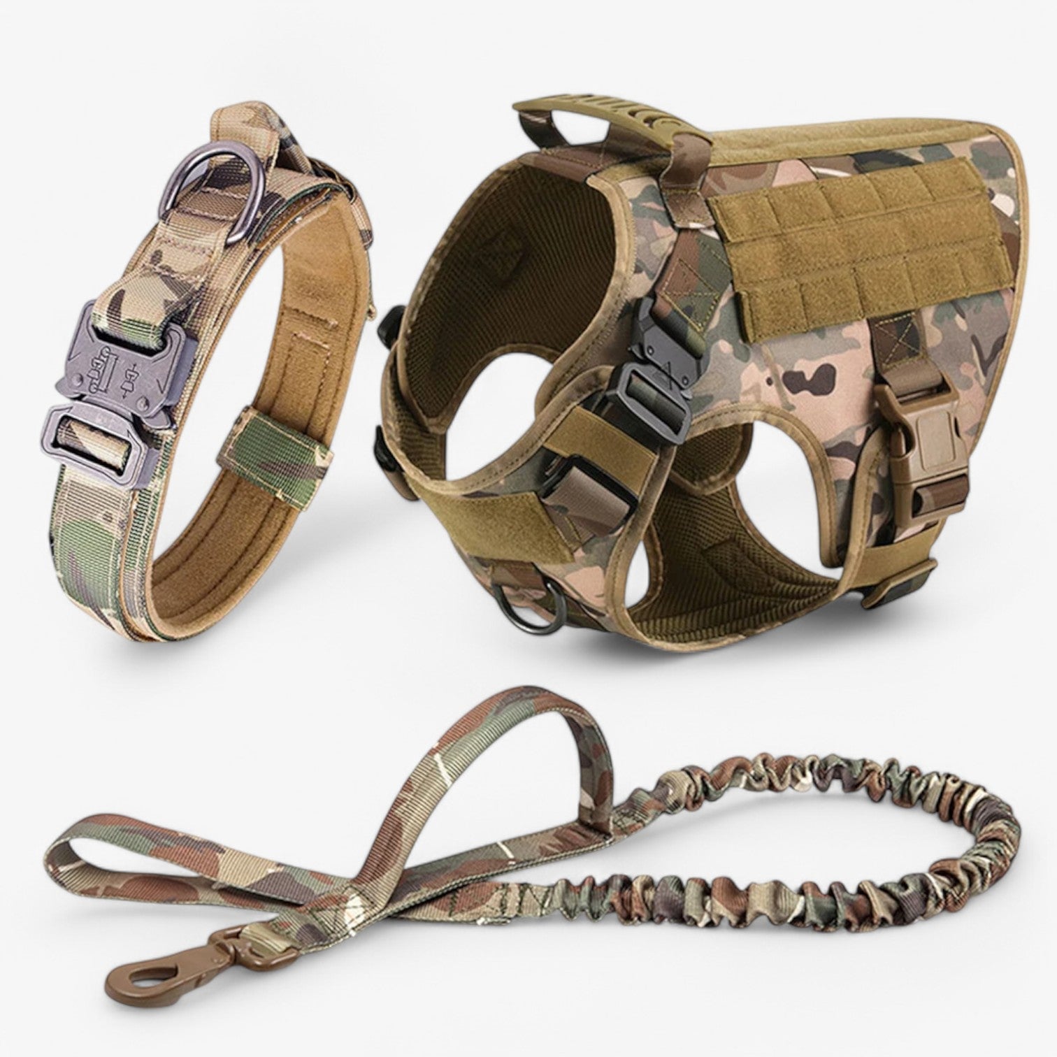 Camouflage dog harness, collar, and leash set on a white background