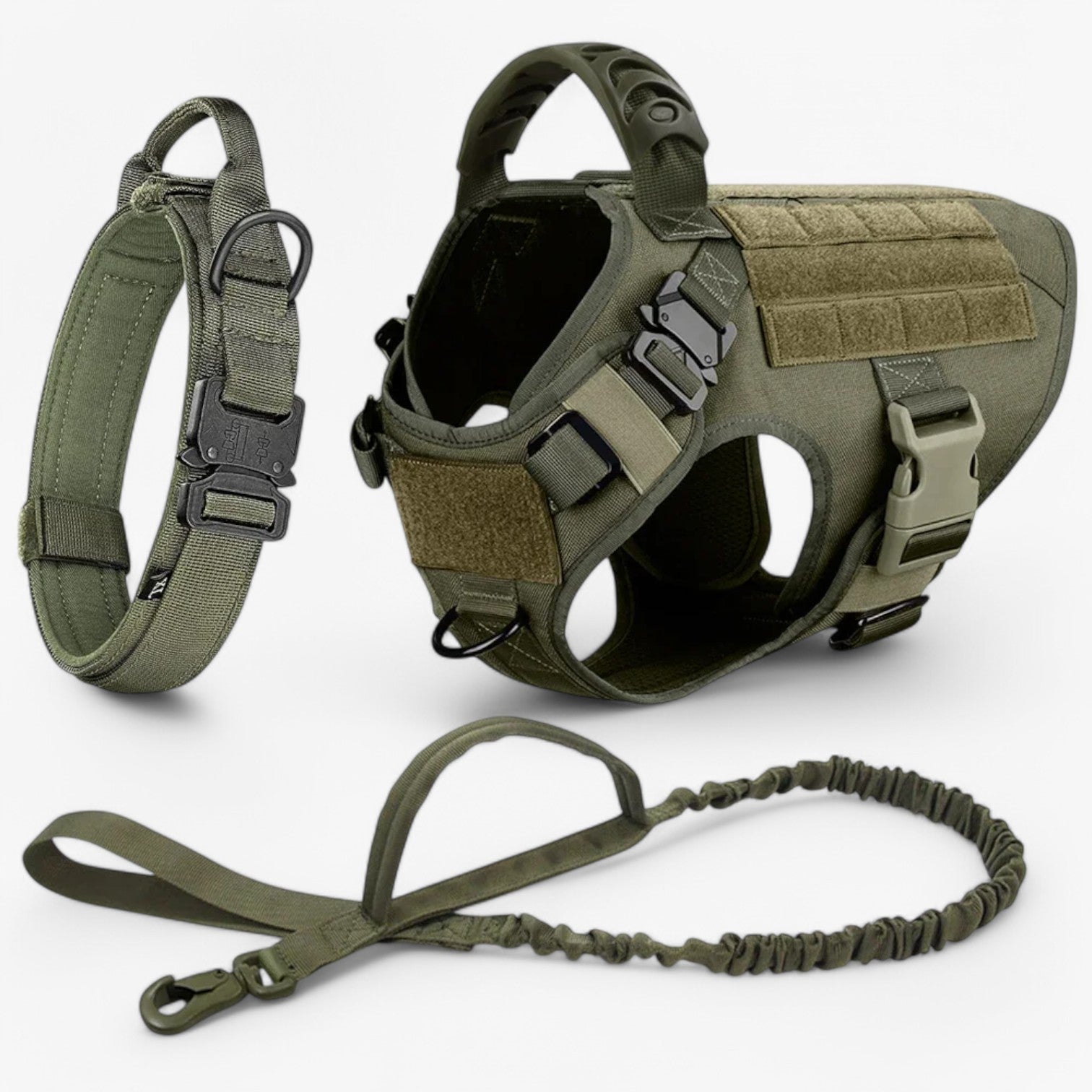 Olive green tactical dog harness with leash on a white background